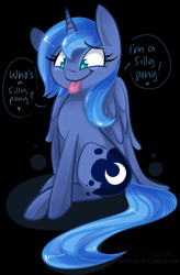 Size: 755x1149 | Tagged: safe, artist:steeve, character:princess luna, species:alicorn, species:pony, g4, abstract background, blep, cross-eyed, cute, female, filly, lunabetes, s1 luna, silly, silly pony, sitting, smiling, solo, tongue out, weapons-grade cute, woona
