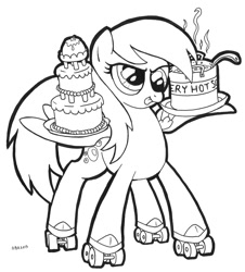 Size: 904x1000 | Tagged: safe, artist:abronyaccount, character:derpy hooves, species:pegasus, species:pony, cake, female, lineart, mare, roller skates, solo, soup, this will end in tears