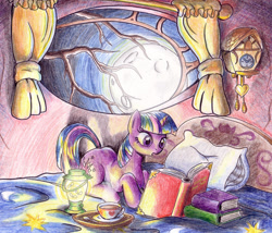 Size: 1000x856 | Tagged: safe, artist:muffinshire, character:twilight sparkle, character:twilight sparkle (unicorn), species:pony, species:unicorn, bed, book, clock, cuckoo clock, female, firefly lamp, full moon, golden oaks library, lantern, mare, moon, prone, reading, solo, tea, traditional art, window