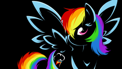 Size: 1920x1080 | Tagged: safe, artist:bamboodog, character:rainbow dash, species:pegasus, species:pony, black background, cutie mark, female, lineart, mare, simple background, solo, spread wings, wallpaper, wings