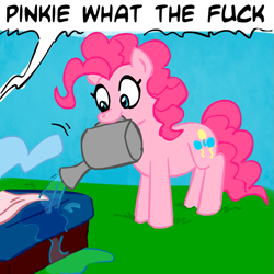 Size: 945x945 | Tagged: safe, artist:megasweet, artist:rustydooks, character:pinkie pie, character:rainbow dash, implied bedwetting, not a bedwetting meme, pun, vulgar, watering can