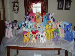 Size: 2267x1700 | Tagged: safe, artist:planetplush, character:apple bloom, character:applejack, character:derpy hooves, character:dj pon-3, character:fluttershy, character:lyra heartstrings, character:octavia melody, character:pinkie pie, character:princess cadance, character:rainbow dash, character:rarity, character:scootaloo, character:spike, character:spitfire, character:sweetie belle, character:trixie, character:twilight sparkle, character:vinyl scratch, species:pegasus, species:pony, collection, female, irl, mane six, mare, photo, plushie, rarity plushie, spike plushie