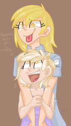 Size: 451x800 | Tagged: safe, artist:steeve, character:derpy hooves, character:dinky hooves, species:human, cute, equestria's best daughter, equestria's best mother, happy, humanized, no pupils, smiling, tongue out
