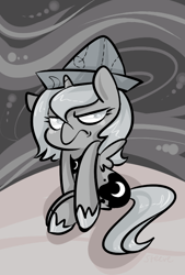 Size: 540x800 | Tagged: safe, artist:steeve, character:princess luna, species:pony, moonstuck, cartographer's cap, clothing, female, grayscale, grumpy, hat, monochrome, solo, woona