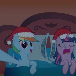 Size: 5000x5000 | Tagged: safe, artist:somepony, character:rainbow dash, character:twilight sparkle, species:pony, ship:twidash, absurd resolution, bed, christmas, clothing, female, hat, lesbian, mare, santa hat, shipping, sleeping