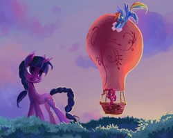 Size: 1932x1543 | Tagged: safe, artist:my-magic-dream, character:pinkie pie, character:rainbow dash, character:twilight sparkle, alternate hairstyle, balloon, braid, braided tail, flying, sunset