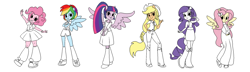 Size: 2000x579 | Tagged: safe, artist:robynne, character:applejack, character:fluttershy, character:pinkie pie, character:rainbow dash, character:rarity, character:twilight sparkle, species:human, my little pony:equestria girls, boots, clothing, humanized, jeans, long skirt, mane six, pants, shoes, simple background, sketch, skirt, socks, twoiloight spahkle, white background, winged humanization, wings