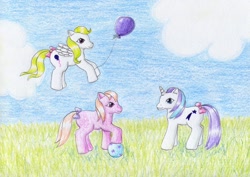 Size: 1024x723 | Tagged: safe, artist:normaleeinsane, character:baby cotton candy, character:baby glory, character:baby surprise, g1, ball, balloon, traditional art
