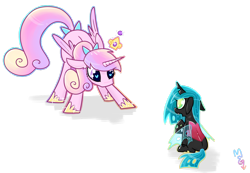 Size: 1074x744 | Tagged: safe, artist:meekcheep, character:princess cadance, character:queen chrysalis, species:alicorn, species:changeling, species:pony, age regression, bow, changeling queen, cute, cutealis, cutedance, female, filly, filly queen chrysalis, foal, hair bow, heart eyes, nymph, signature, simple background, tail bow, teen princess cadance, teenager, time paradox, transparent background, wingding eyes, younger