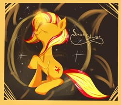 Size: 2300x2000 | Tagged: dead source, safe, artist:spookyle, character:sunset shimmer, species:pony, species:unicorn, female, magic, raised hoof, solo