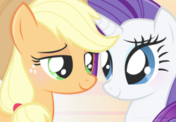 Size: 1280x891 | Tagged: safe, artist:euphoriapony, character:applejack, character:rarity, species:pony, ship:rarijack, bedroom eyes, blushing, female, lesbian, looking at each other, shipping, smiling
