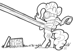 Size: 1454x1000 | Tagged: safe, artist:abronyaccount, character:pinkie pie, species:earth pony, species:pony, bipedal, black and white, clothing, goggles, grayscale, monochrome, rubber band, scarf, simple background, white background