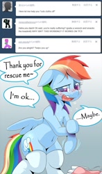 Size: 777x1322 | Tagged: safe, artist:oze, character:rainbow dash, ask, belly, blushing, bruised, clothing, crying, rainbow shy dash, socks, tumblr