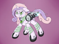 Size: 1024x768 | Tagged: safe, artist:scramjet747, character:sweetie belle, species:pony, species:unicorn, friendship is witchcraft, sweetie bot, female, filly, floppy ears, foal, hooves, horn, jet engine, messy mane, robot, robot pony, simple background, solo, teeth