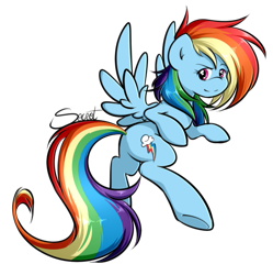 Size: 588x591 | Tagged: safe, artist:secret-pony, character:rainbow dash, species:pegasus, species:pony, female, flying, looking at you, mare, signature, simple background, smiling, solo, transparent background