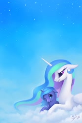 Size: 948x1417 | Tagged: safe, artist:scheadar, character:princess celestia, character:princess luna, species:alicorn, species:pony, cloud, female, filly, looking at each other, on a cloud, sisters, woona, younger