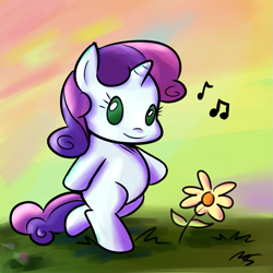 Size: 945x945 | Tagged: safe, artist:megasweet, artist:rustydooks, character:sweetie belle, species:pony, species:unicorn, beady eyes, bipedal, cute, diasweetes, female, flower, music notes, smarty belle, solo