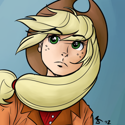 Size: 962x962 | Tagged: safe, artist:megasweet, artist:rustydooks, character:applejack, species:human, colored, female, humanized, solo