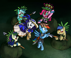 Size: 1050x850 | Tagged: safe, artist:carnifex, artist:rustydooks, character:bon bon, character:goldengrape, character:lyra heartstrings, character:pinkie pie, character:rainbow dash, character:rarity, character:sweetie drops, barbarian, clothing, dress, hat, headhunters, hypnosis, jungle, kaa eyes, knife, natives, spear, weapon