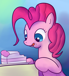 Size: 932x1024 | Tagged: safe, artist:nasse, artist:rustydooks, character:pinkie pie, cake, eating, female, licking lips, puffy cheeks, smiling, solo, tongue out