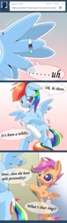 Size: 587x1920 | Tagged: safe, artist:oze, character:rainbow dash, character:scootaloo, species:pegasus, species:pony, ask, blushing, cast, comic, rainbow shy dash, ring, tumblr