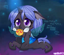 Size: 1280x1113 | Tagged: safe, artist:spookyle, oc, oc only, species:changeling, blue changeling, crying, foal, nymph, orphan, parasprite, plushie