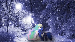 Size: 1920x1080 | Tagged: safe, artist:mr-kennedy92, character:princess celestia, character:princess luna, lights, snow, snowfall, tree