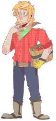 Size: 394x842 | Tagged: safe, artist:stevetwisp, character:big mcintosh, apple, bandana, beard, belt, boots, clothing, facial hair, freckles, frown, humanized, jeans, male, solo, tumblr nose