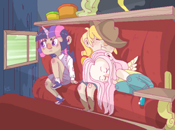 Size: 642x478 | Tagged: safe, artist:stevetwisp, character:applejack, character:fluttershy, character:twilight sparkle, horned humanization, humanized, interior, riding, sleeping, train, train cabin, tumblr nose, winged humanization