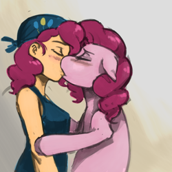 Size: 900x900 | Tagged: safe, artist:deeriojim, artist:kevinsano, character:pinkie pie, species:human, species:pony, blushing, breasts, colored, female, human on pony action, human ponidox, humanized, humanized human on pony action, interspecies, kissing, lesbian, piepie, ponidox, selfcest, shipping