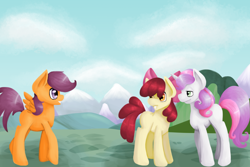 Size: 3000x2000 | Tagged: safe, artist:robynne, character:apple bloom, character:scootaloo, character:sweetie belle, species:earth pony, species:pegasus, species:pony, species:unicorn, cutie mark crusaders, female, mare, older, older apple bloom, older scootaloo, older sweetie belle