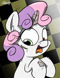 Size: 1000x1300 | Tagged: safe, artist:slitherpon, character:sweetie belle, species:pony, species:unicorn, friendship is witchcraft, sweetie bot, ear fluff, female, filly, fluffy, foal, hooves, horn, leg fluff, open mouth, robot, solo