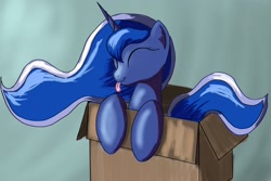 Size: 1800x1200 | Tagged: safe, artist:grennadder, character:princess luna, species:pony, cardboard box, cute, female, happy, lunabetes, pony in a box, solo, tongue out