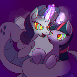 Size: 500x500 | Tagged: safe, artist:reiduran, artist:rustydooks, character:rarity, character:twilight sparkle, species:lamia, imminent vore, lamity, mind control, original species, species swap, swirly eyes, this will end in vore