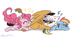 Size: 700x361 | Tagged: safe, artist:akira bano, character:gilda, character:pinkie pie, character:rainbow dash, species:earth pony, species:griffon, species:pegasus, species:pony, angry, caught, female, hug, leg hug, looking back, mare, pixiv, simple background, spread wings, trio, vein bulge, white background, wings
