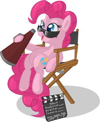 Size: 518x628 | Tagged: safe, artist:skorpionletun, character:pinkie pie, chair, clapperboard, director, director's chair, female, megaphone, simple background, solo, sunglasses, transparent background