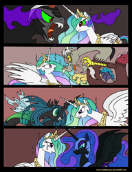 Size: 2684x3486 | Tagged: safe, artist:redapropos, character:discord, character:king sombra, character:nightmare moon, character:princess celestia, character:princess luna, character:queen chrysalis, species:umbrum, antagonist, comic, dark magic, fall of the crystal empire, sombra eyes