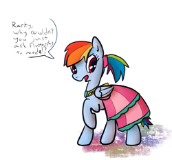 Size: 746x692 | Tagged: safe, artist:nasse, artist:rustydooks, character:rainbow dash, species:pegasus, species:pony, clothing, cute, dashabetes, dialogue, dress, female, implied rarity, mare, ponytail, rainbow dash always dresses in style, raised hoof, solo, speech bubble