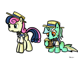 Size: 689x530 | Tagged: safe, artist:nasse, artist:rustydooks, character:bon bon, character:flam, character:flim, character:lyra heartstrings, character:sweetie drops, species:earth pony, species:pony, species:unicorn, bow tie, cider, cider mug, clothing, costume, flim flam brothers, hat, mug, simple background, white background