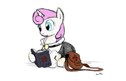 Size: 1280x823 | Tagged: safe, artist:nasse, character:twinkleshine, species:pony, species:unicorn, g4, armor, book, cleric, crossover, dungeons and dragons, female, horn, mare, reading, saddle bag, solo