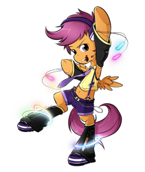 Size: 800x950 | Tagged: safe, artist:secret-pony, character:scootaloo, species:pegasus, species:pony, belly button, bipedal, clothing, dancing, female, glow band, glowstick, headphones, midriff, necktie, shoes, shorts, solo, vocaloid
