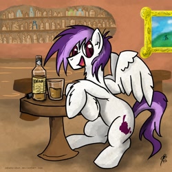 Size: 1600x1600 | Tagged: safe, artist:jorobro, character:sugar grape, species:pegasus, species:pony, alcohol, bottle, drink, painting, rule 63, table