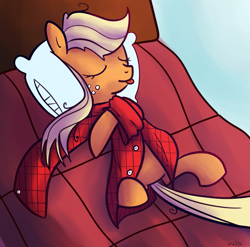 Size: 777x768 | Tagged: safe, artist:nasse, artist:rustydooks, character:applejack, bed, blep, clothing, cute, female, jackabetes, pillow, shirt, sleeping, solo, tongue out