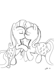 Size: 1280x1809 | Tagged: safe, artist:nasse, species:pony, banner mares, crescendo, female, kissing, lesbian, mare, monochrome