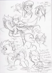 Size: 2368x3296 | Tagged: safe, artist:enigmaticfrustration, character:octavia melody, character:shady daze, character:soarin', oc, oc:ruby, parent:octavia melody, parent:soarin', dialogue, goggles, licking, offspring, parents:soartavia, pencil drawing, pie, shipping, sketch, sleeping, soartavia, speech bubble, story of the blanks, that pony sure does love pies, traditional art