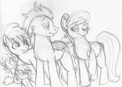 Size: 2376x1704 | Tagged: safe, artist:enigmaticfrustration, character:octavia melody, character:shady daze, character:soarin', oc, parent:soarin', species:earth pony, species:pegasus, species:pony, alternate hairstyle, colt, female, filly, male, mare, monochrome, offspring, older, parent:shady daze, parents:soartavia, pencil drawing, shipping, sketch, soartavia, stallion, straight, traditional art