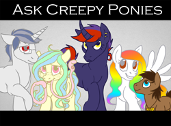 Size: 1272x941 | Tagged: safe, artist:aisu-isme, oc, oc only, oc:artbeat, oc:candle wicked, oc:dr. x-ray, oc:kala marie, oc:tick tock, ask the creepy ponies, cephy, creepy ponies, curved horn, original species