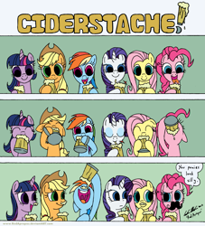 Size: 2529x2781 | Tagged: safe, artist:redapropos, character:applejack, character:fluttershy, character:pinkie pie, character:rainbow dash, character:rarity, character:twilight sparkle, cider, ciderstache, comic, drink, drinking straw, drinking through a straw, mane six, moustache
