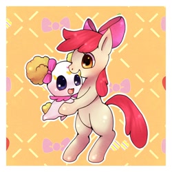 Size: 1000x1000 | Tagged: safe, artist:ayahana, character:apple bloom, species:pony, bipedal, candy (pretty cure), crossover, cute, hug, ikue otani, open mouth, ribbon, smile precure, smiling, voice actor joke