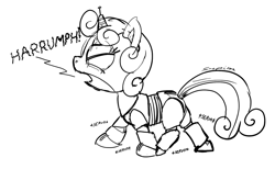 Size: 1280x788 | Tagged: source needed, safe, artist:snapai, character:sweetie belle, species:pony, species:unicorn, friendship is witchcraft, sweetie bot, black and white, eyes closed, female, filly, foal, grayscale, hooves, horn, monochrome, open mouth, robot, simple background, solo, text, white background